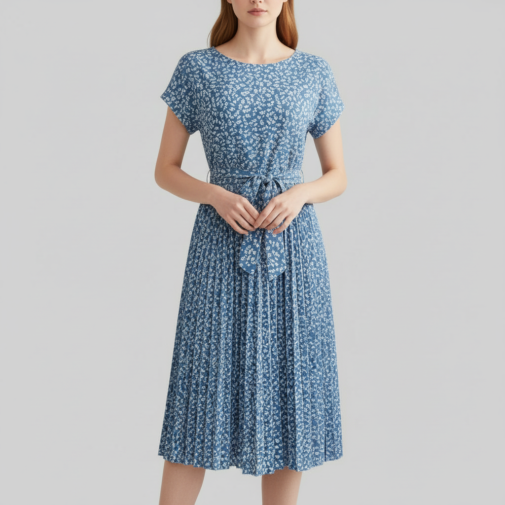 Women's Floral Pleated Midi Dress with Waist Tie