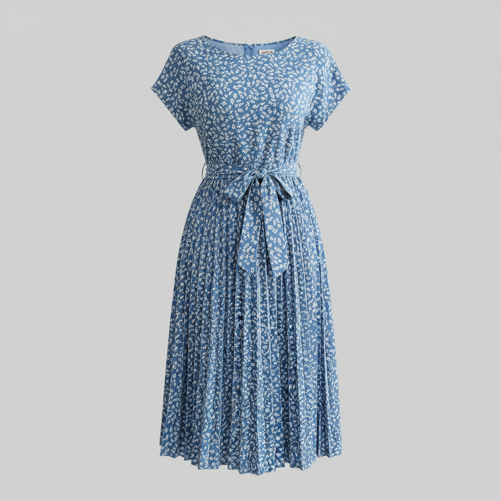 Women's Floral Pleated Midi Dress with Waist Tie