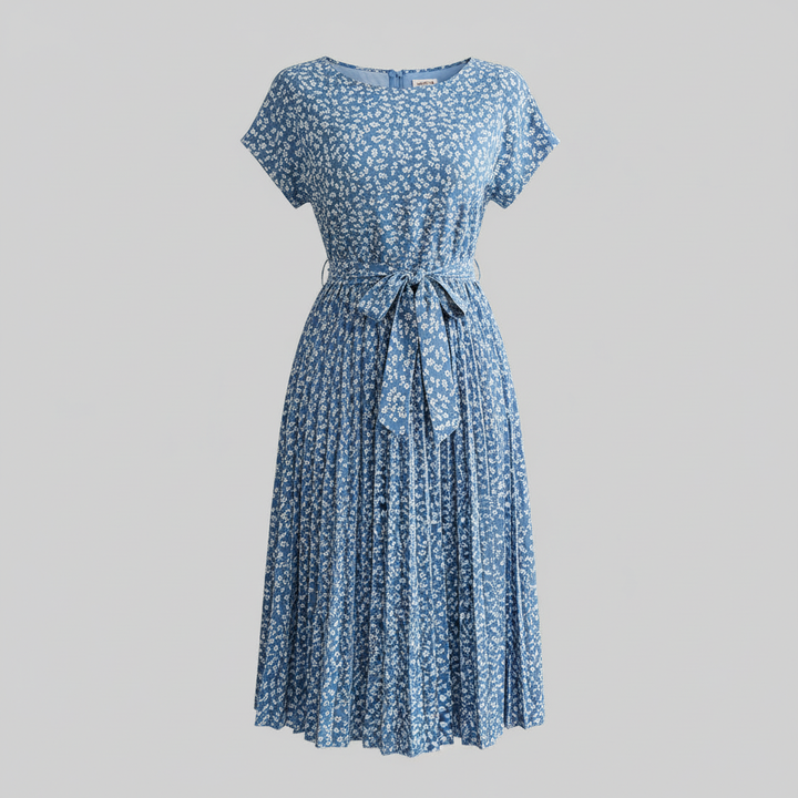 Women's Floral Pleated Midi Dress with Waist Tie