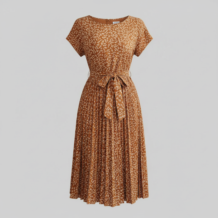 Women's Floral Pleated Midi Dress with Waist Tie