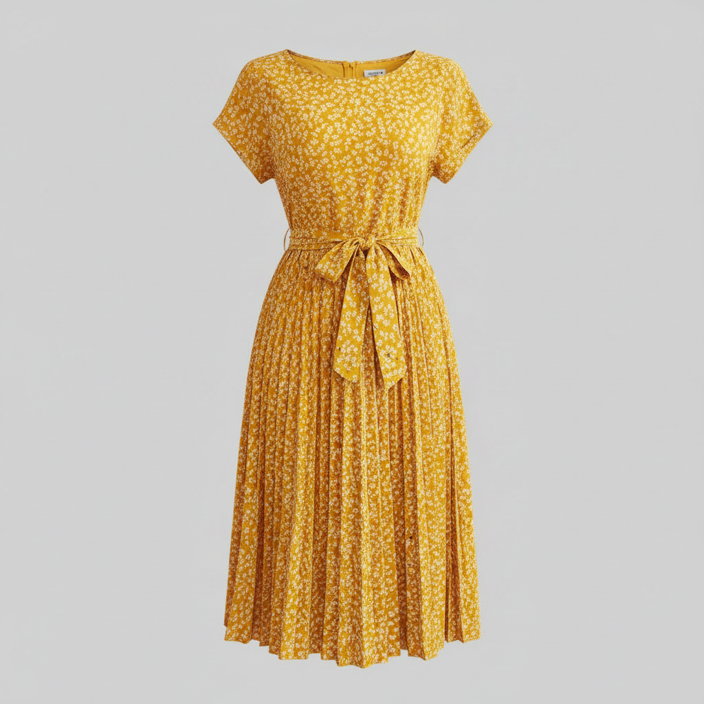 Women's Floral Pleated Midi Dress with Waist Tie