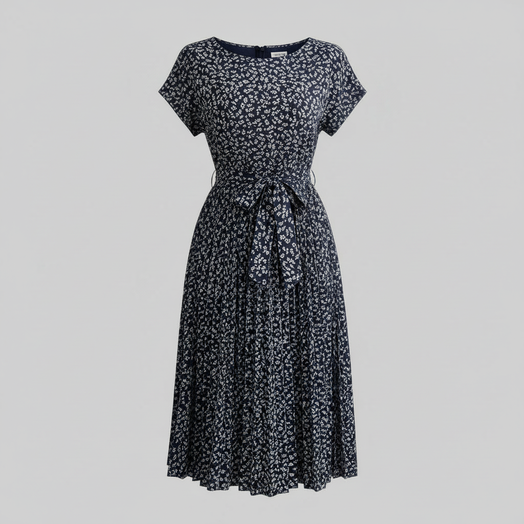 Women's Floral Pleated Midi Dress with Waist Tie