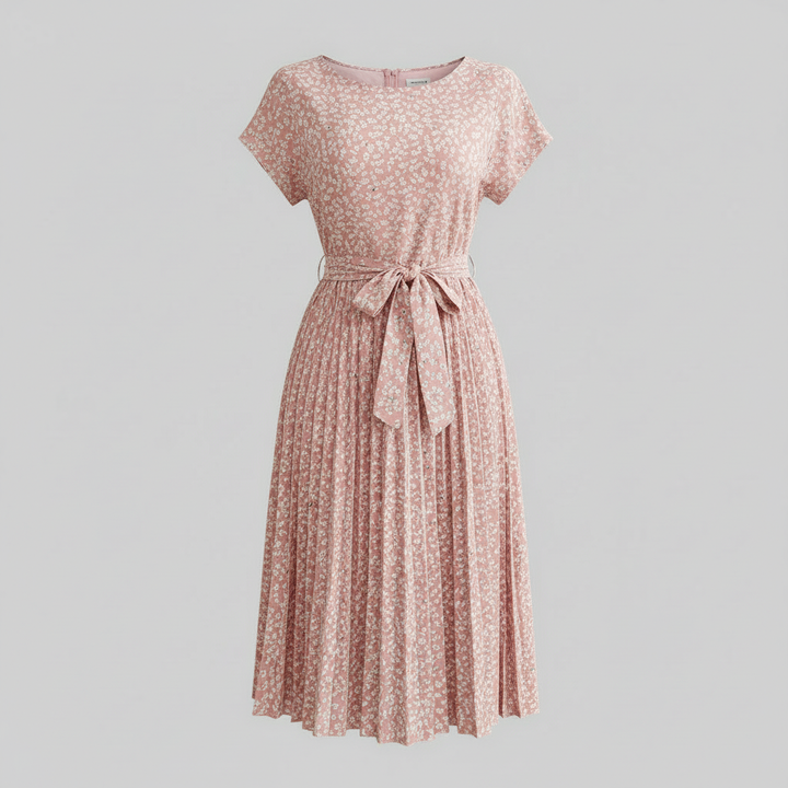Women's Floral Pleated Midi Dress with Waist Tie