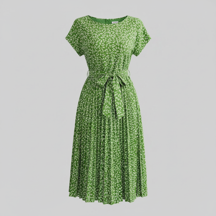 Women's Floral Pleated Midi Dress with Waist Tie