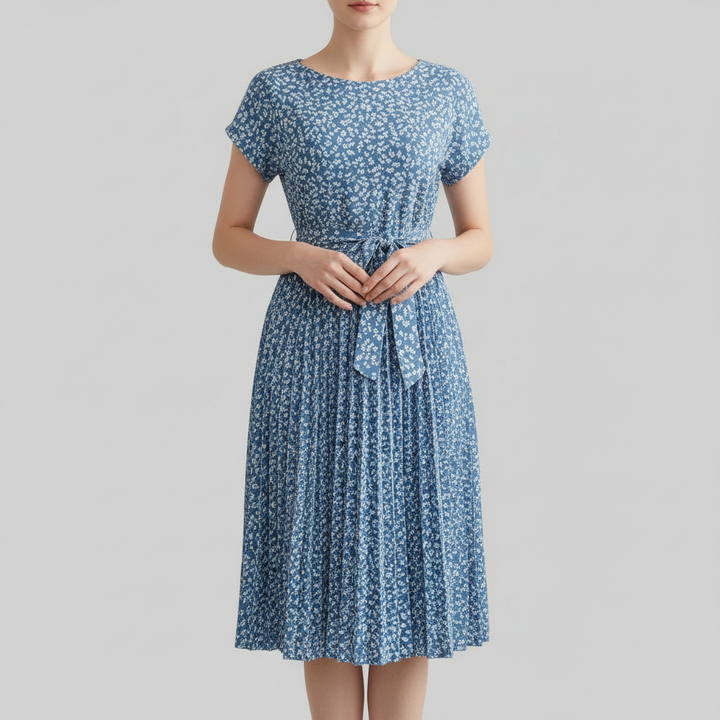 Women's Floral Pleated Midi Dress with Waist Tie
