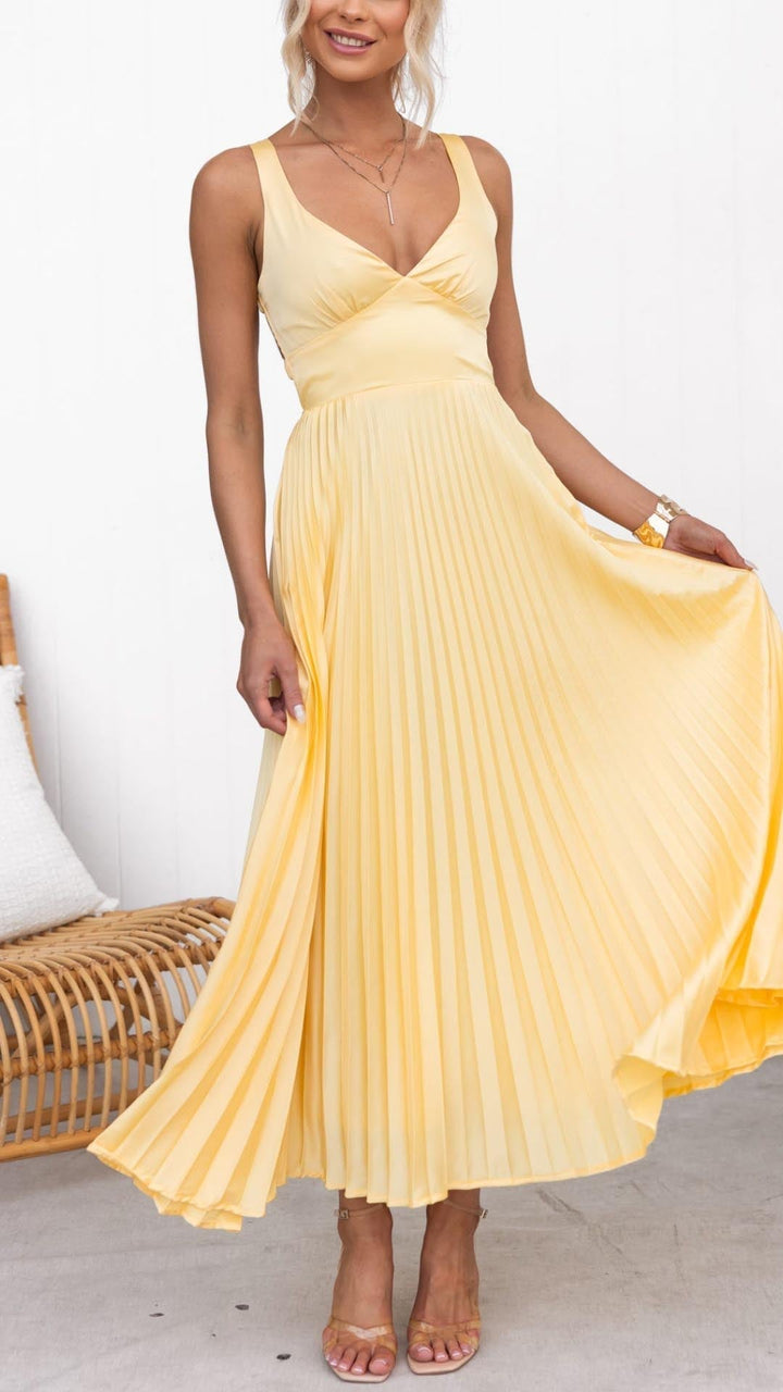 Women’s Wedding Guest Pleated V-Neck Maxi Dress