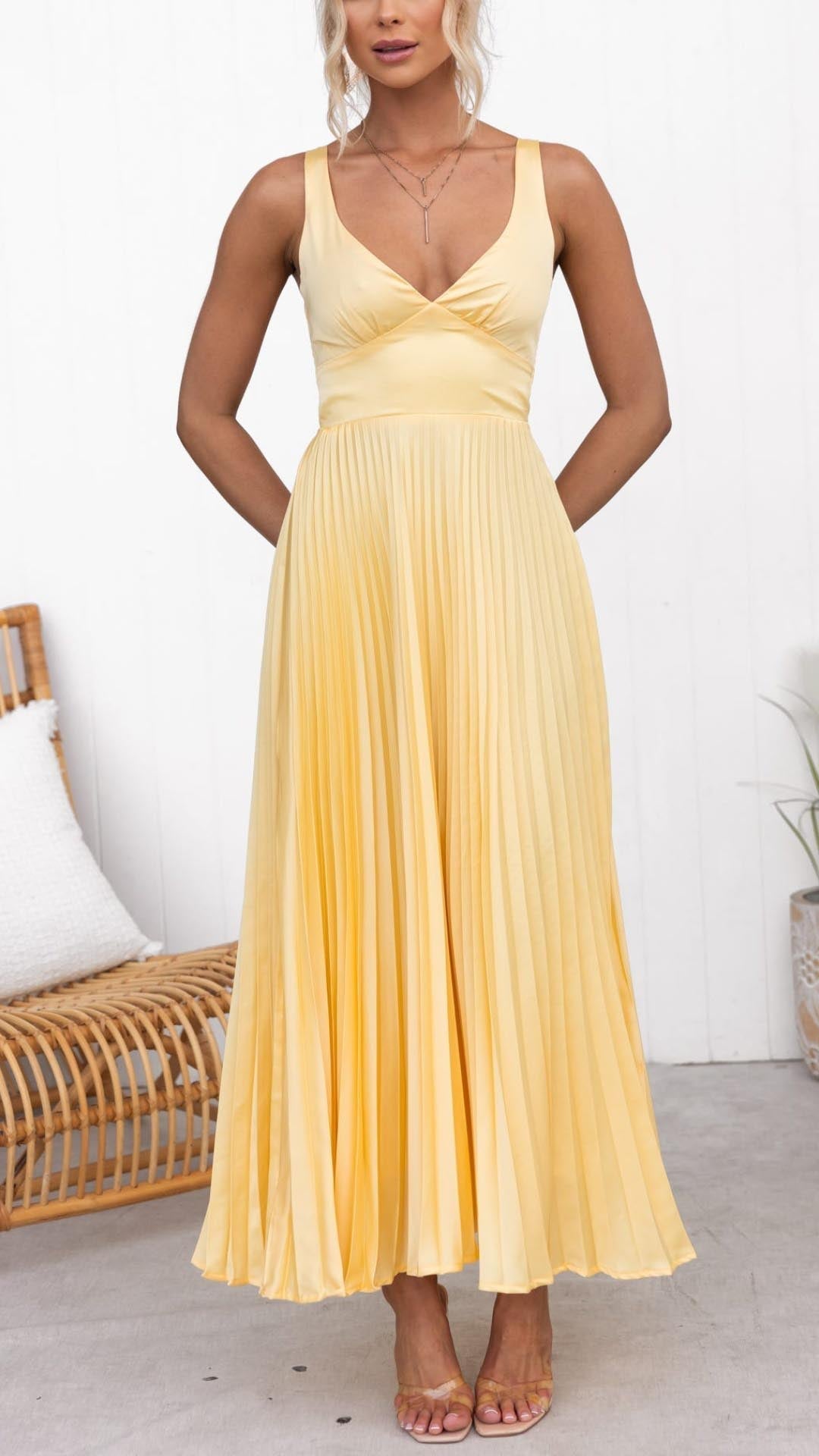 Women’s Wedding Guest Pleated V-Neck Maxi Dress