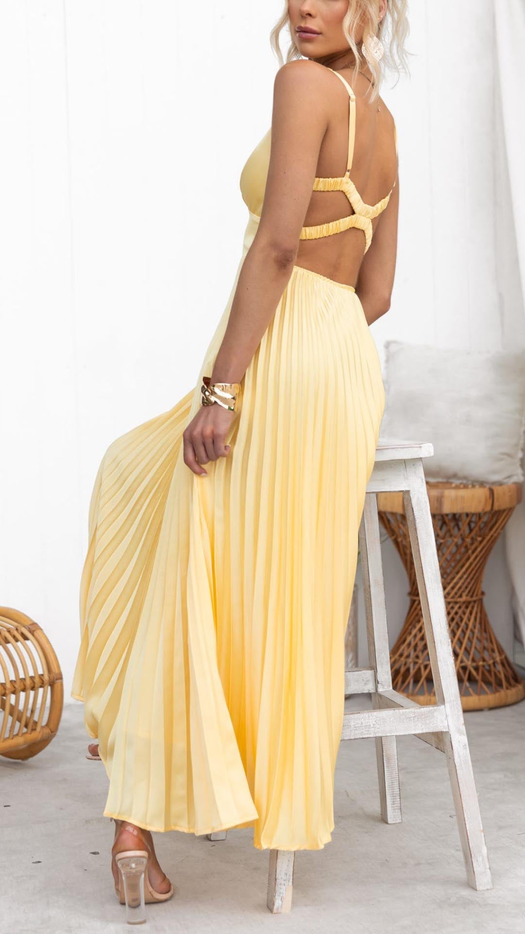 Women’s Wedding Guest Pleated V-Neck Maxi Dress
