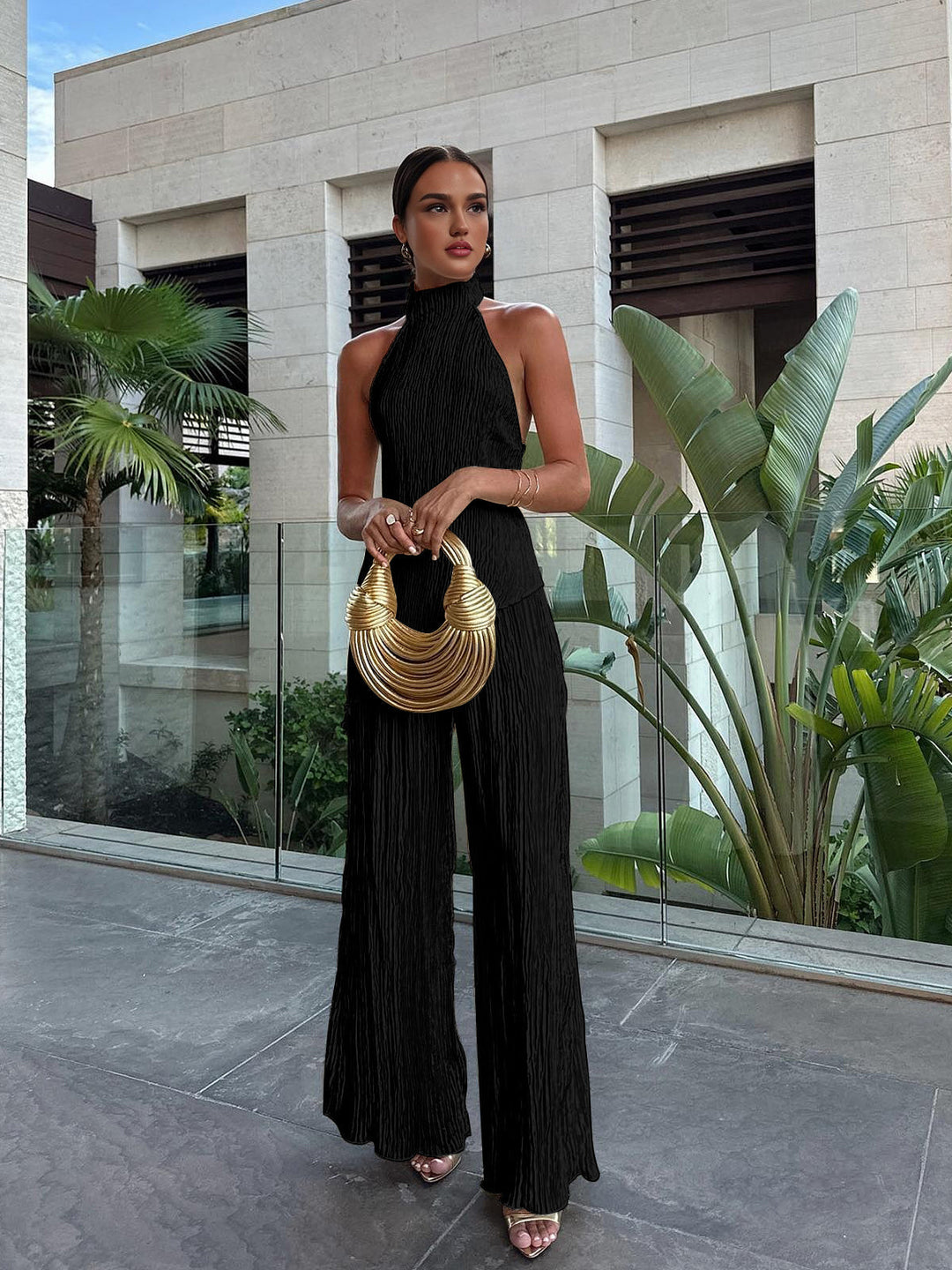 Women’s Halter Neck Pleated Top and Wide Leg Pants Set