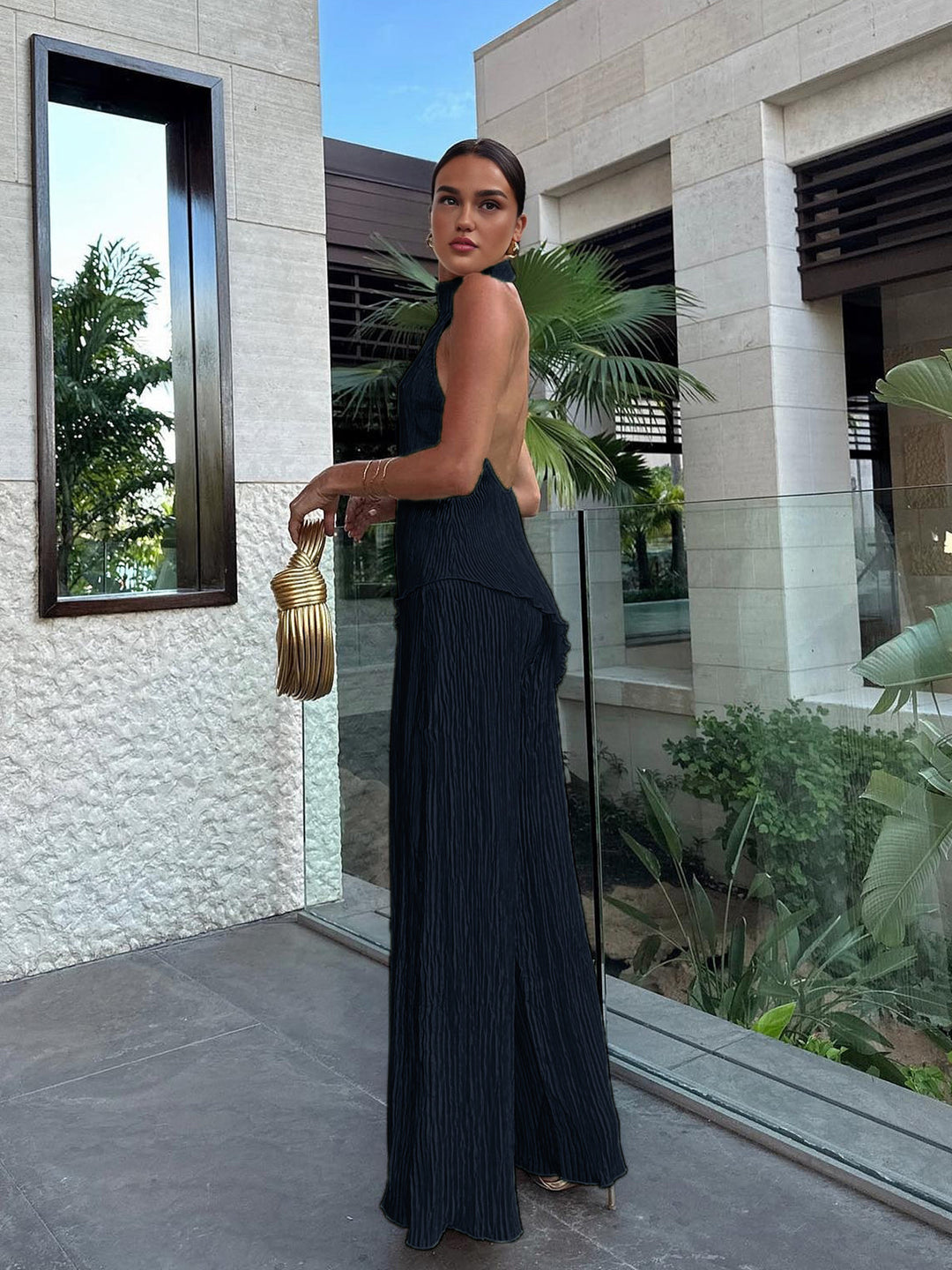 Women’s Halter Neck Pleated Top and Wide Leg Pants Set