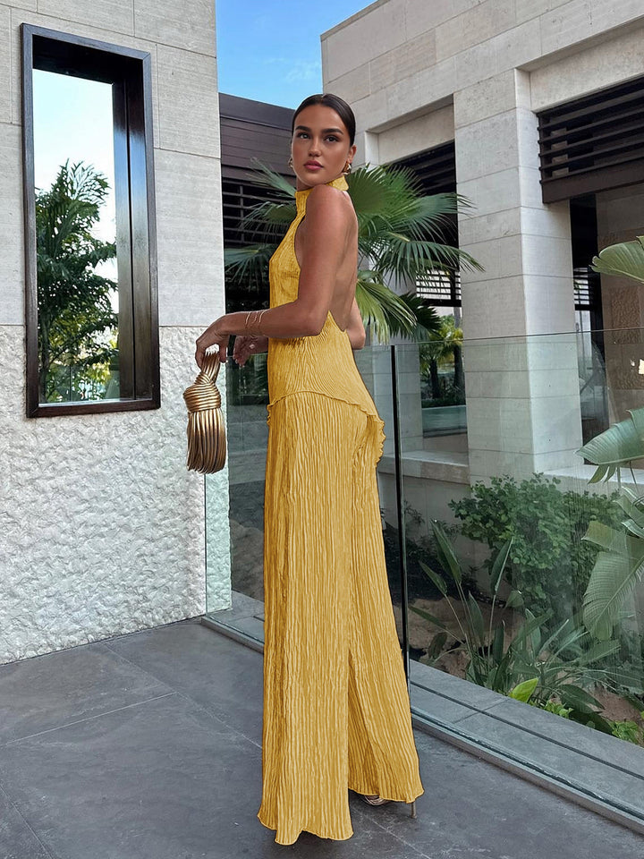 Women’s Halter Neck Pleated Top and Wide Leg Pants Set