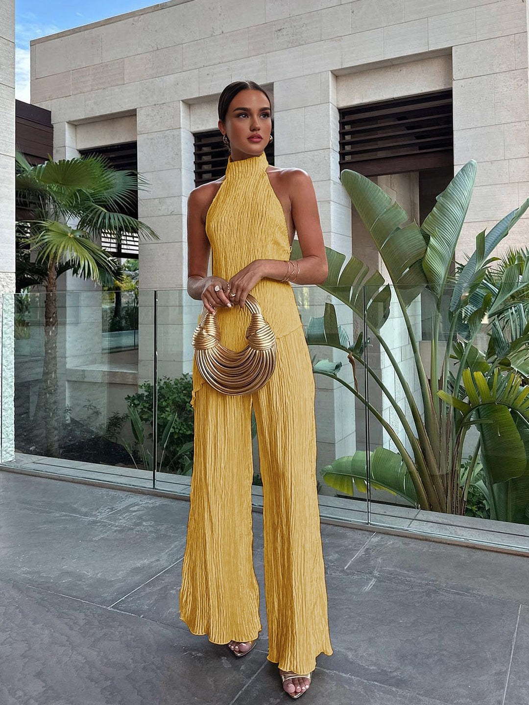 Women’s Halter Neck Pleated Top and Wide Leg Pants Set