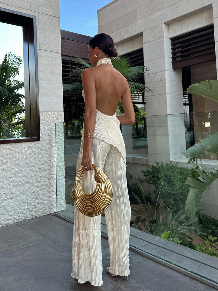 Women’s Halter Neck Pleated Top and Wide Leg Pants Set