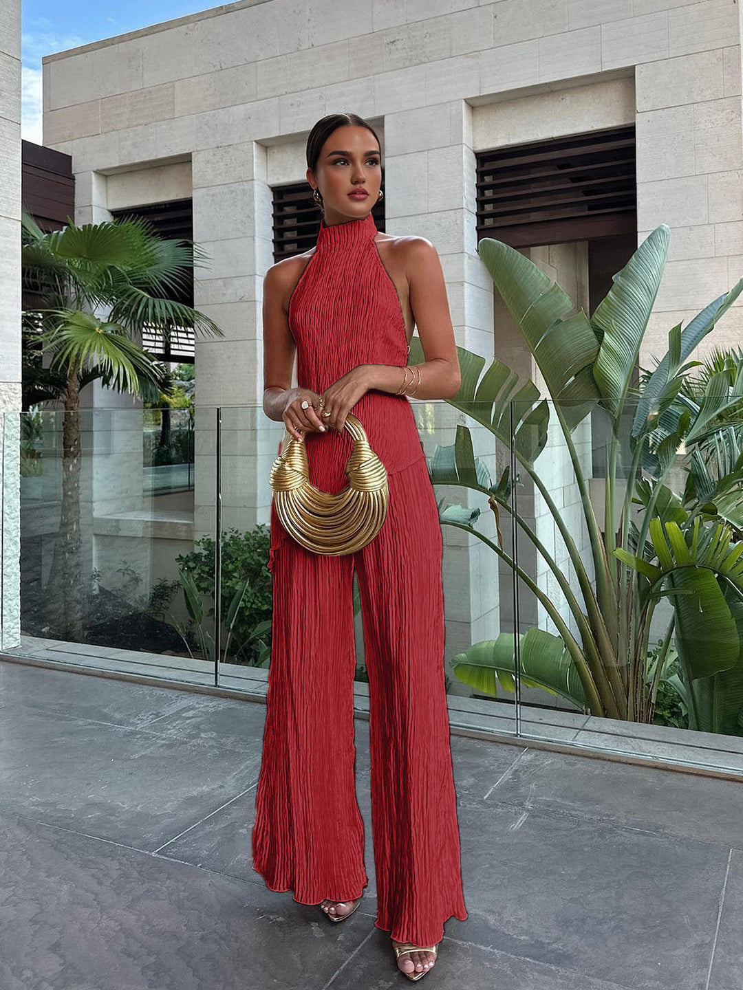 Women’s Halter Neck Pleated Top and Wide Leg Pants Set