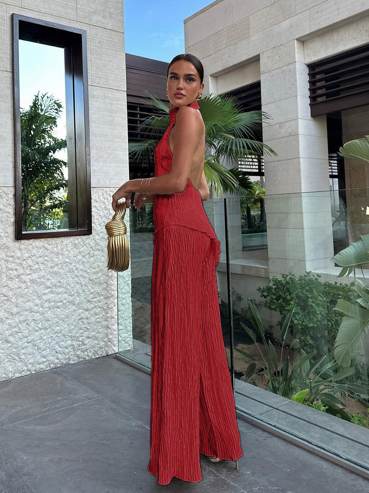 Women’s Halter Neck Pleated Top and Wide Leg Pants Set