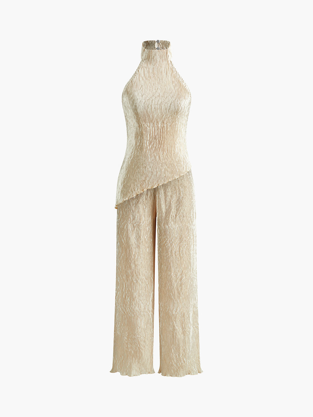 Women’s Halter Neck Pleated Top and Wide Leg Pants Set